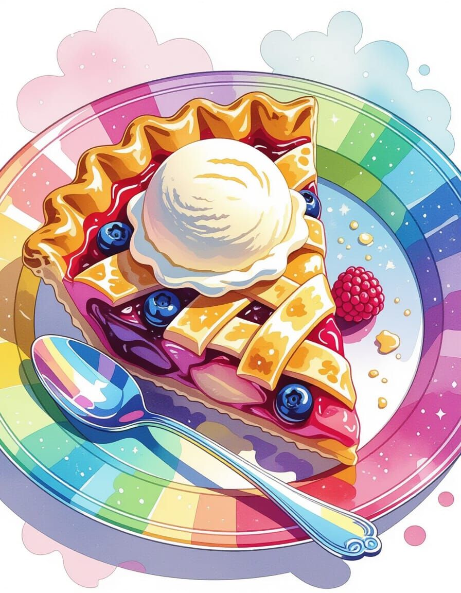 Whimsical Pie Slice with Ice Cream on Rainbow Plate