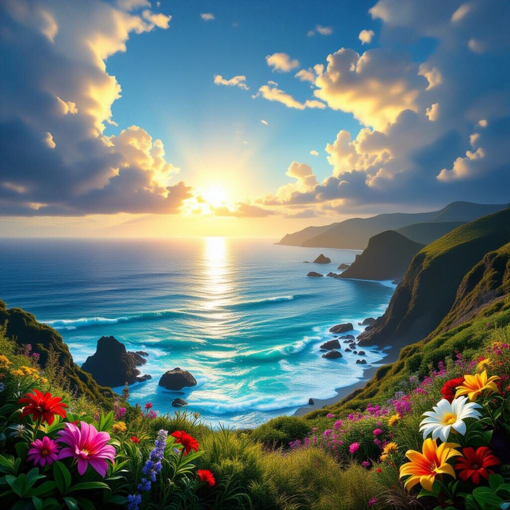 Utopian Coastal Scene with Lush Flora