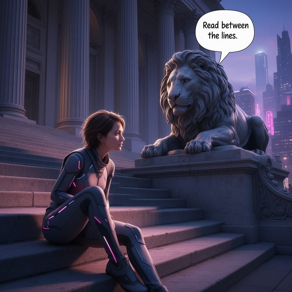 The TV show "Wonderfalls". Jaye (Caroline Dhavernas) in 2026. She is listening to one of the lion statues outside the Ne...