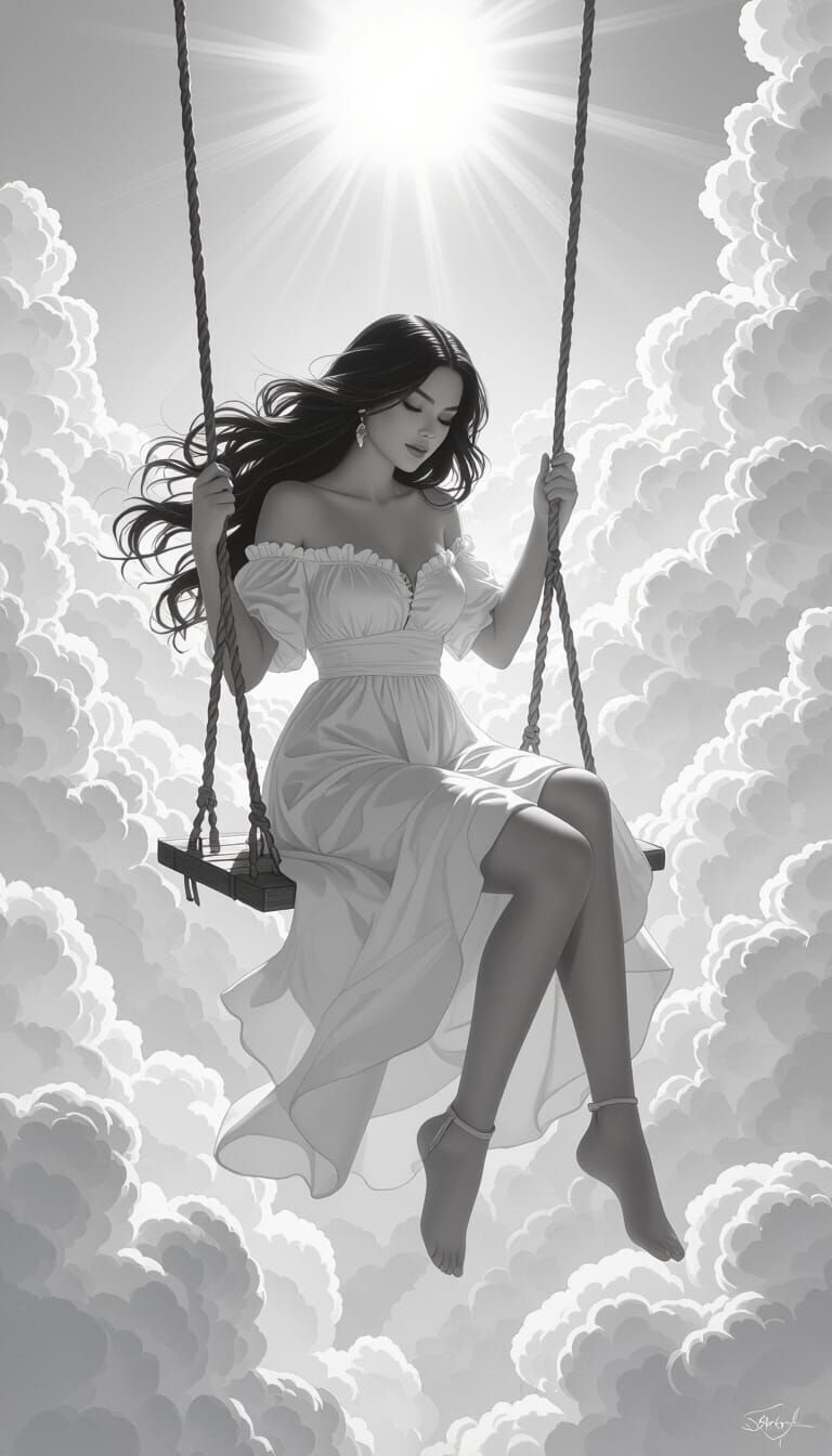 Woman on a Swing Above the Abyss: Charcoal Drawing