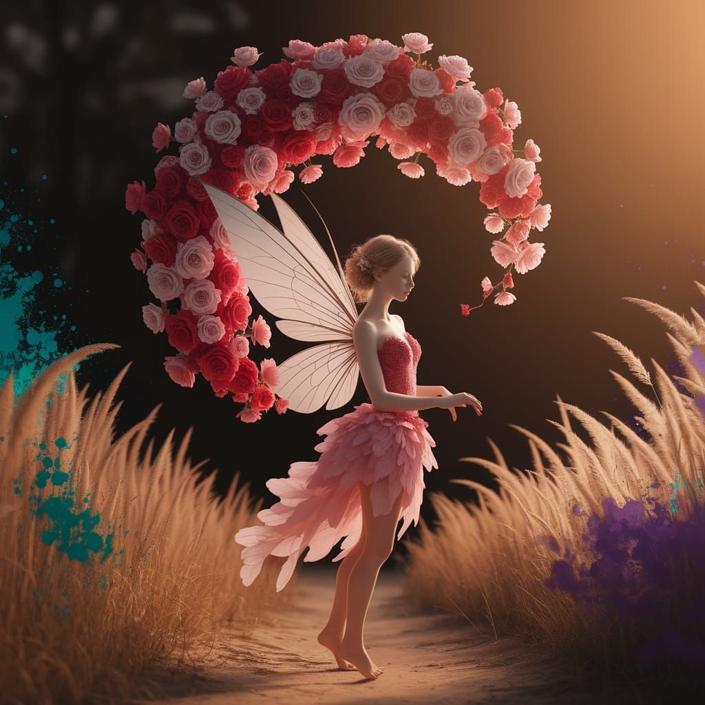 Ethereal Fairy Adorned with Roses in Golden Light