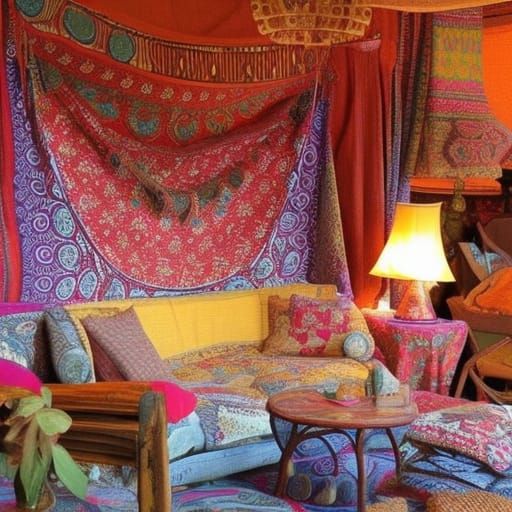 Bohemian Tent Interior with Tapestry and Furniture