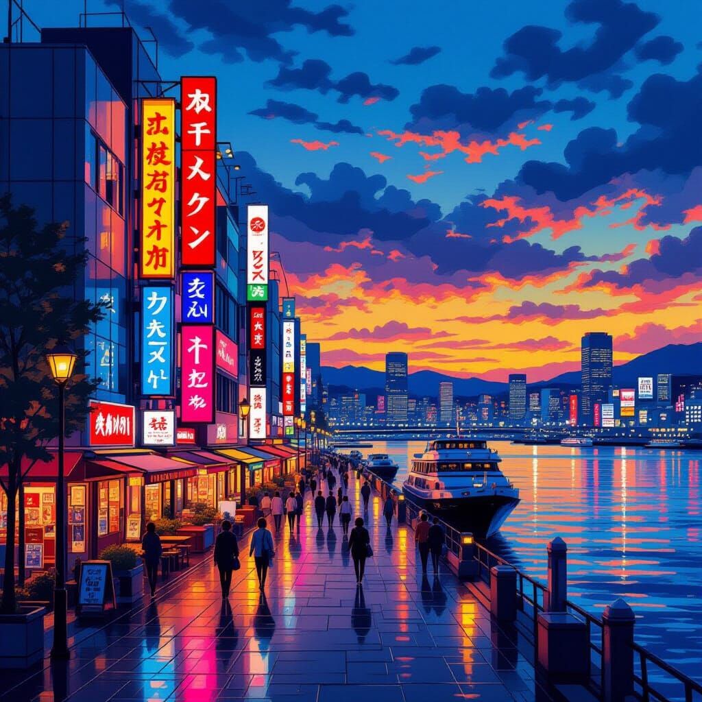 Kobe Harbourfront at Golden Hour: Impressionistic Neon Scene