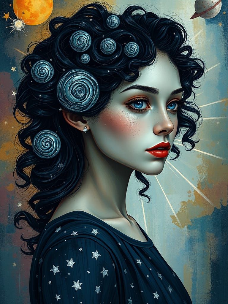 Celestial Woman with Silver Eyes in Expressionist Style