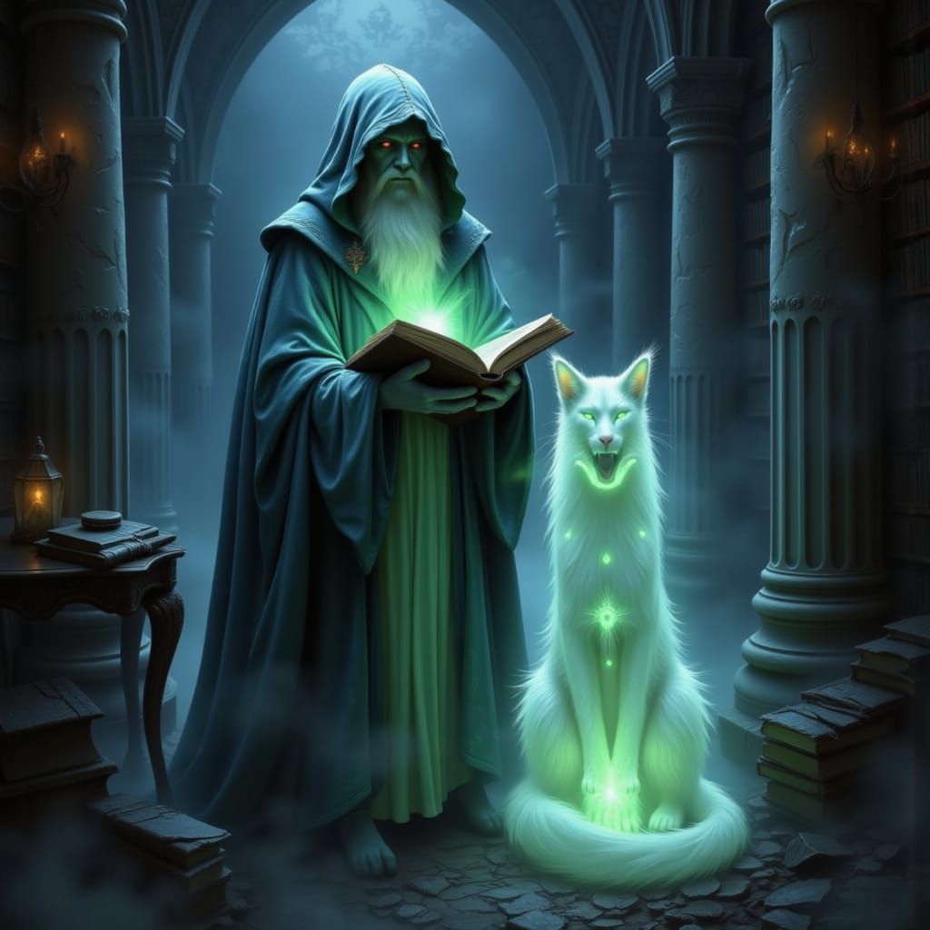 Spectral Librarian and Ghost Cat in Gothic Library