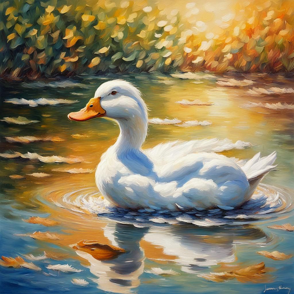 Duck in Lake: Impressionist Oil Painting with Vivid Colors