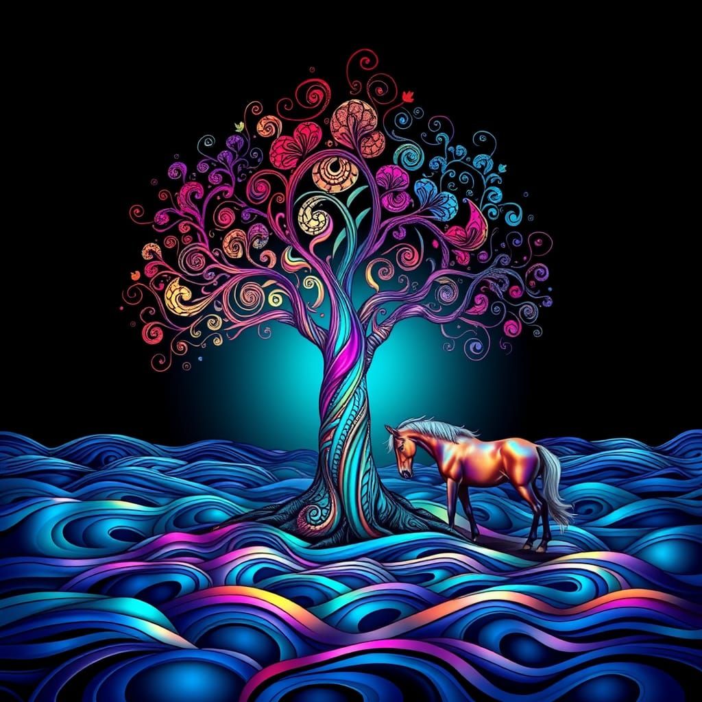 Whimsical Tree of Colors in a Dreamlike Landscape