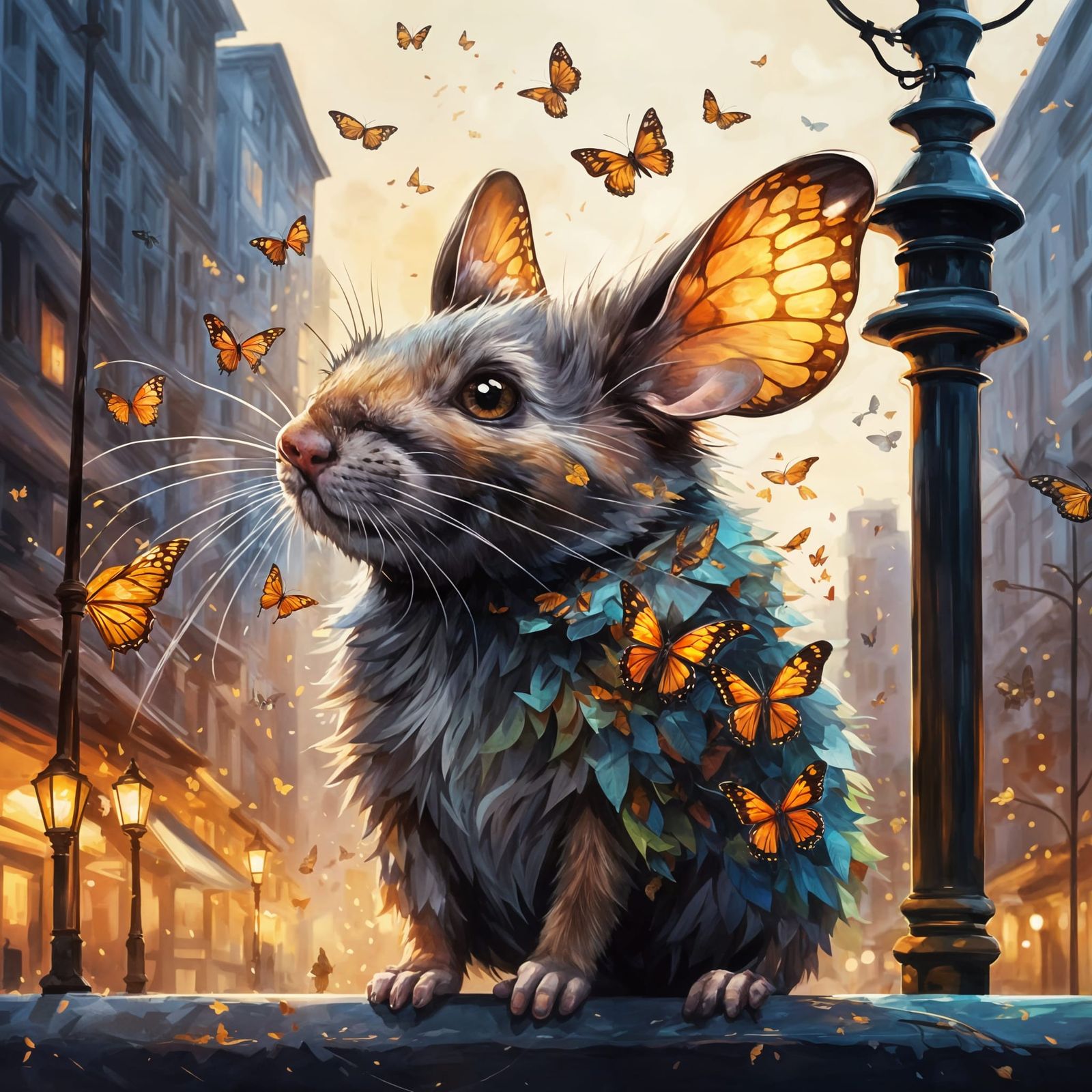 Mouse Amidst Whirling Butterflies Under Streetlight