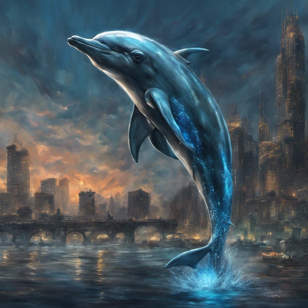 Luminescent Dolphin in Apocalyptic Cityscape