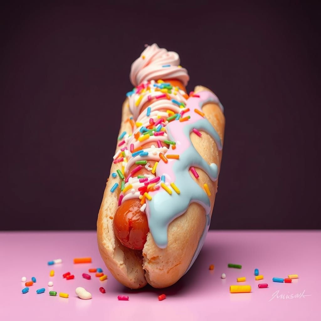 Colorful Sprinkled Hotdog with Icing in Pop Surrealism