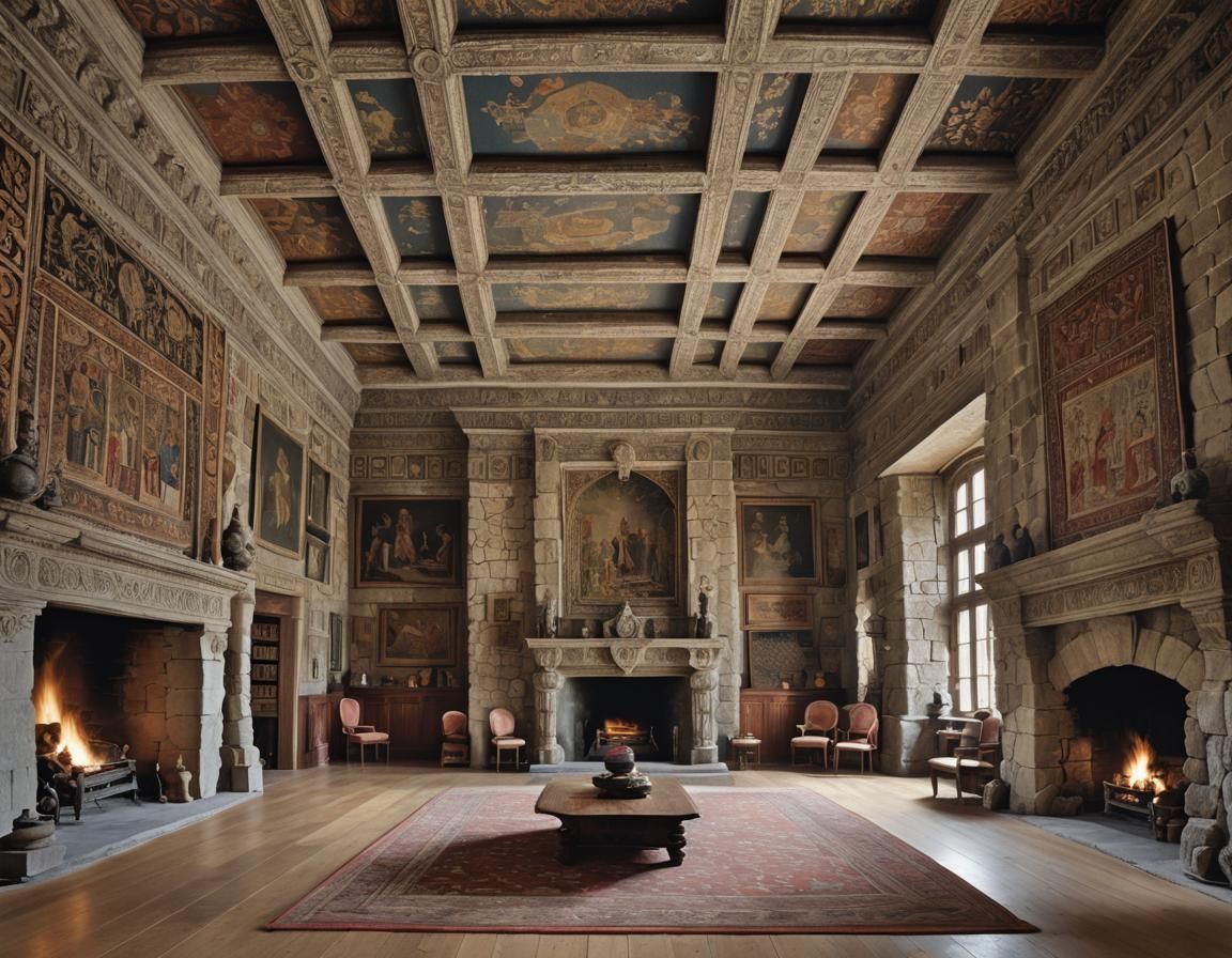 Magical Ancient Hall Interior with Tapestries