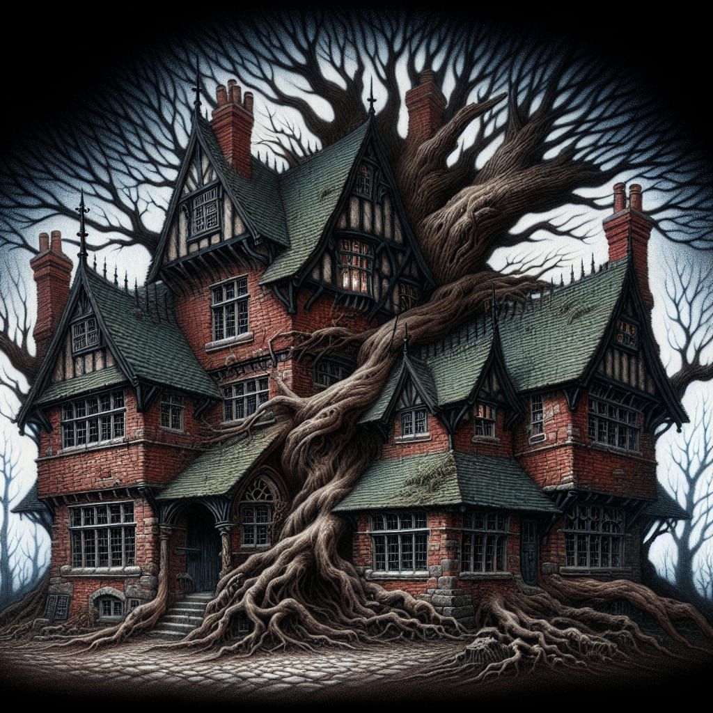 Mysterious Gothic Pub Merged with Ancient Tree
