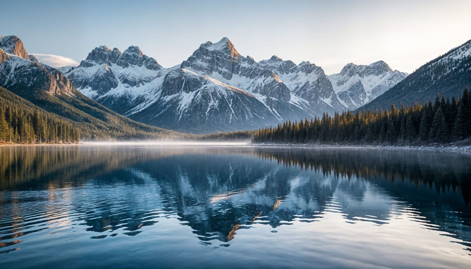 Snowy Mountains and Lake at Sunrise