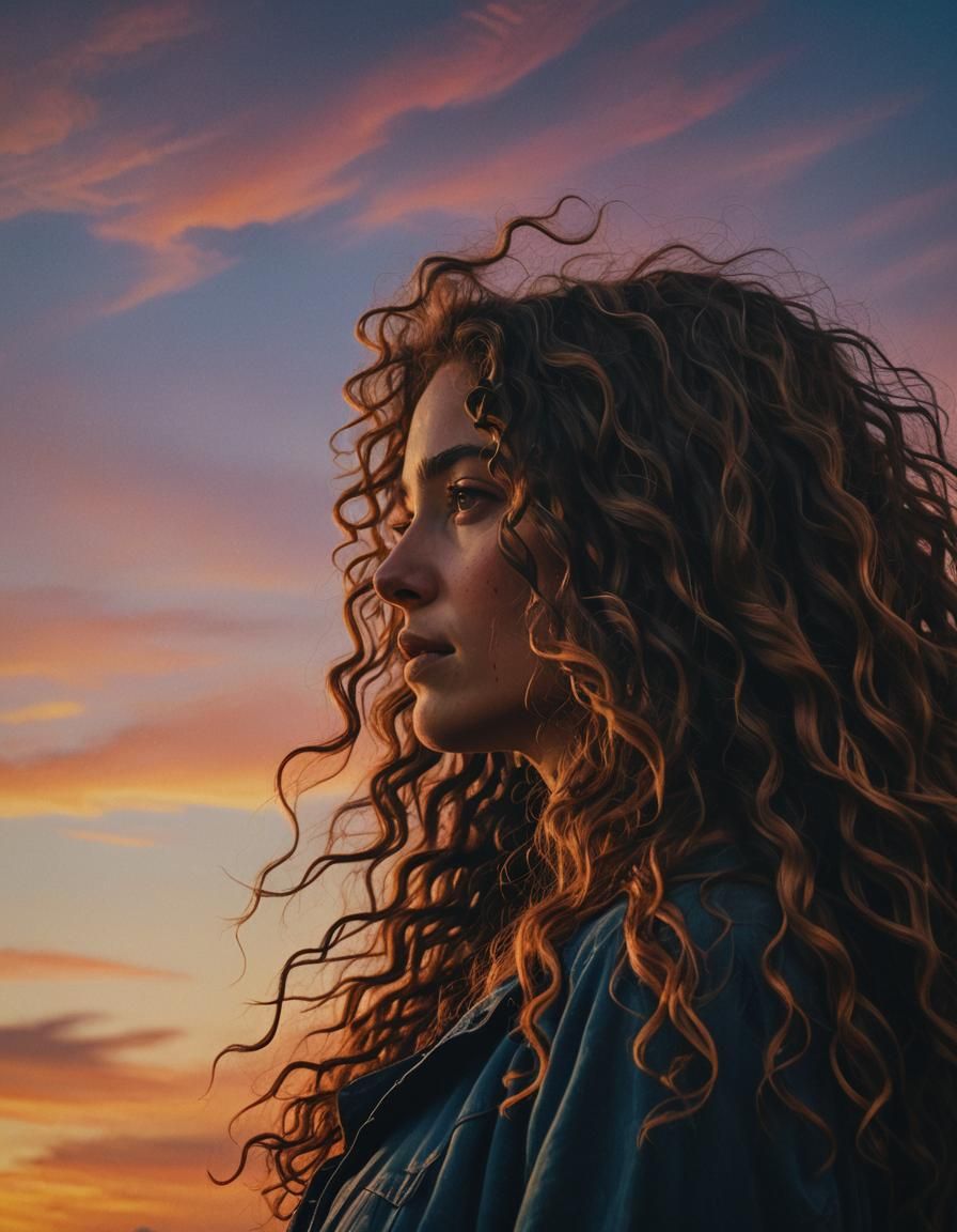 Twilight Silhouette: Woman with Flowing Hair in Impressionis...