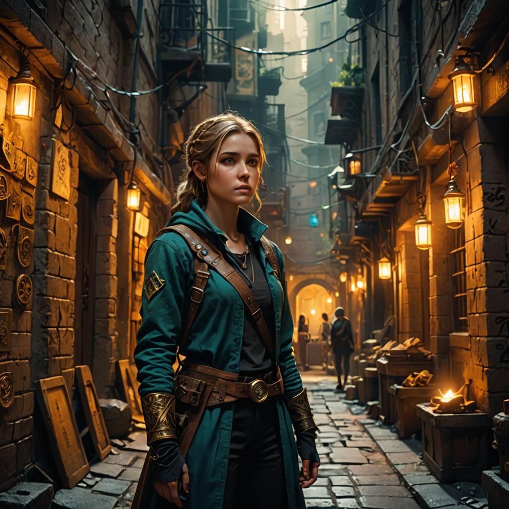 Fantasy Scribe in Alleyway with Ancient Artifacts