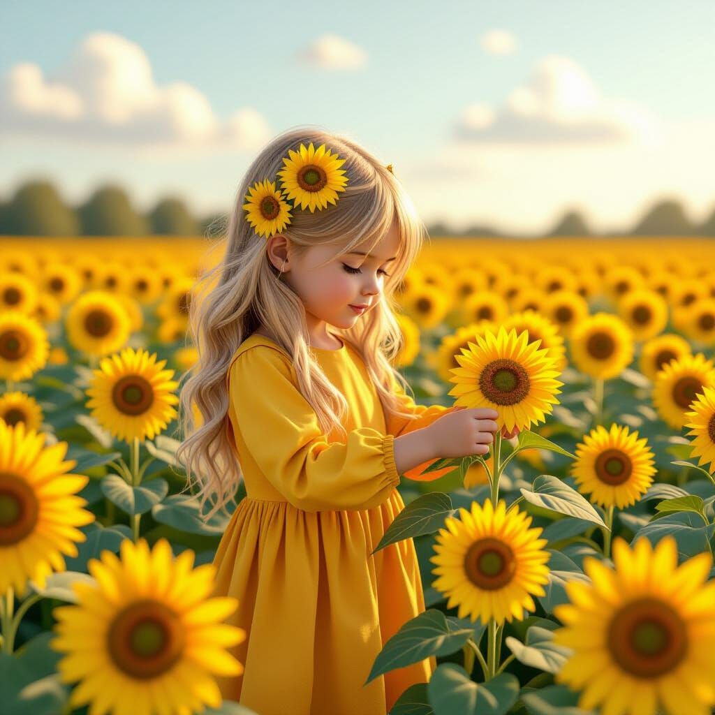 Girl Picking Sunflowers in Vibrant Field, Pixar Style