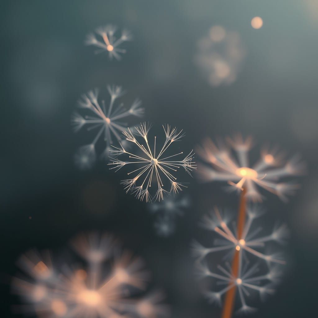Surreal Dandelion Seeds Drift on Gentle Breeze in Fantastica...