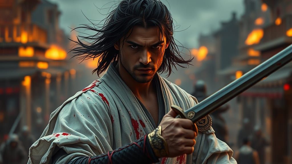 Samurai Warrior in Rain-Soaked Battle, with Katana and Smirk...