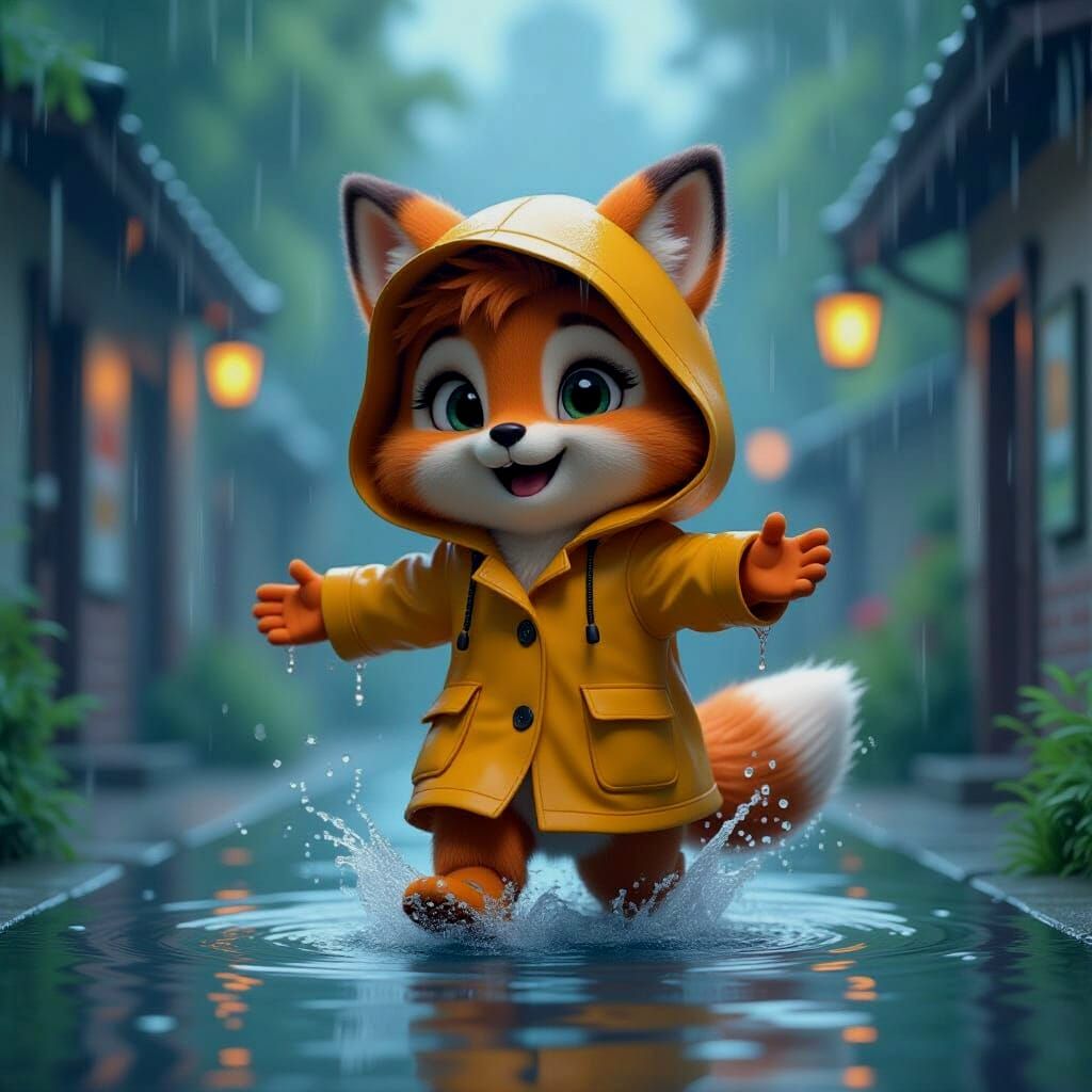 Anthropomorphic Animal Dancing in Rainy 3D Cartoon
