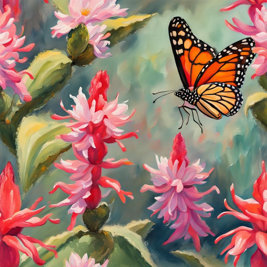 Christmas Cactus and Monarch Butterfly in Gouache Style