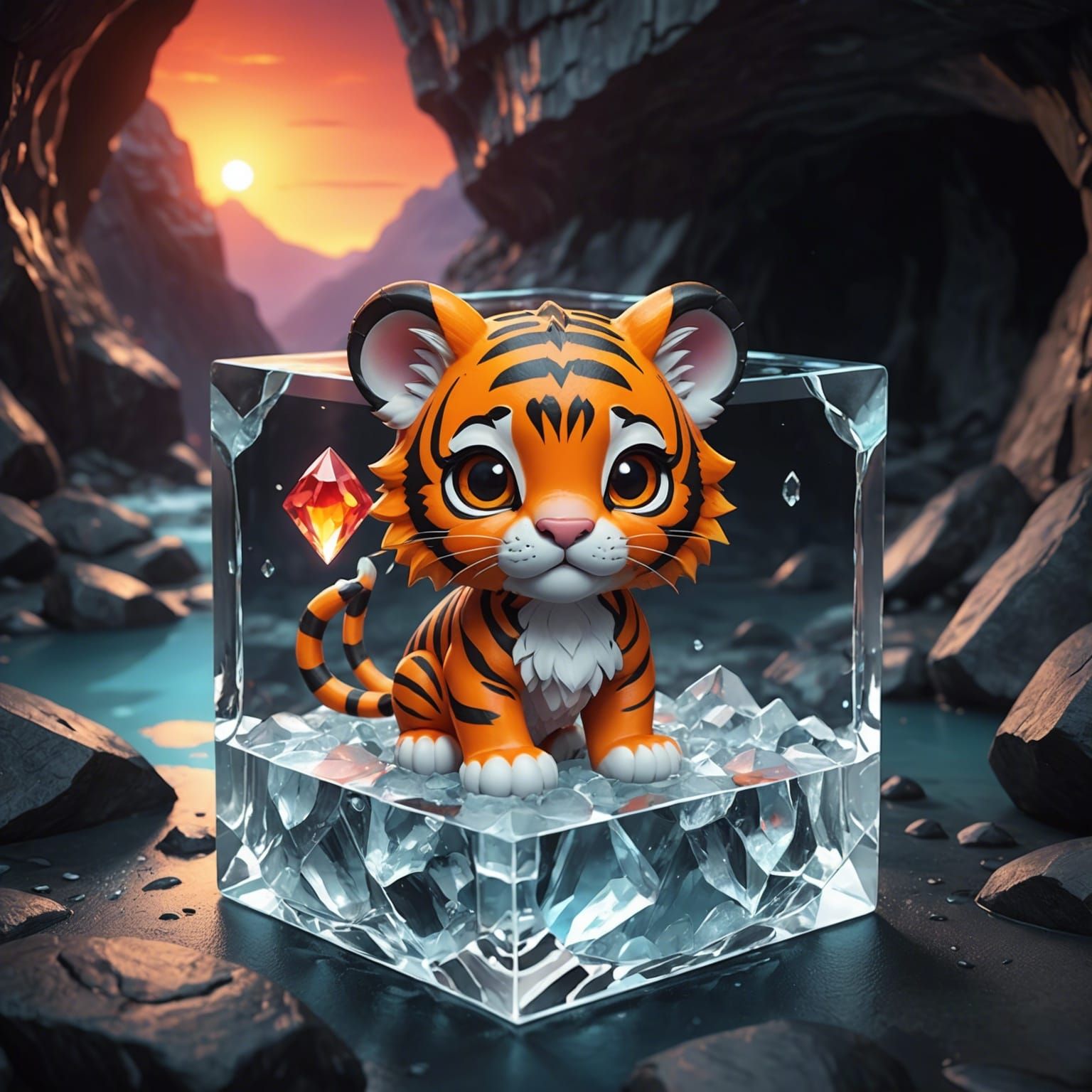 Adorable Chibi Tiger in Cave with Fairy, 8k