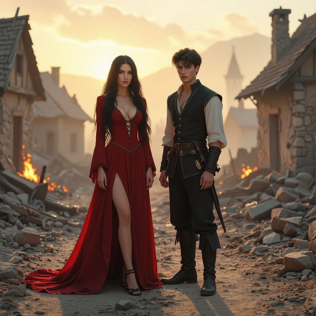 Cinematic Medieval Scene With Young Couple in Ruins