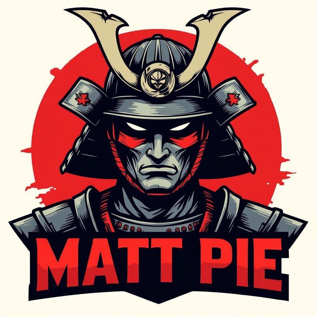 Bold "MATT PIE" with Samurai Helmet Emblem in Vector Style
