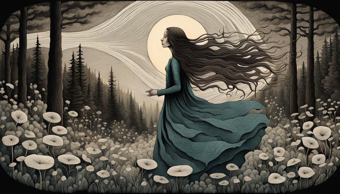 Woman with Flower in Etching Style, Forest Exposure