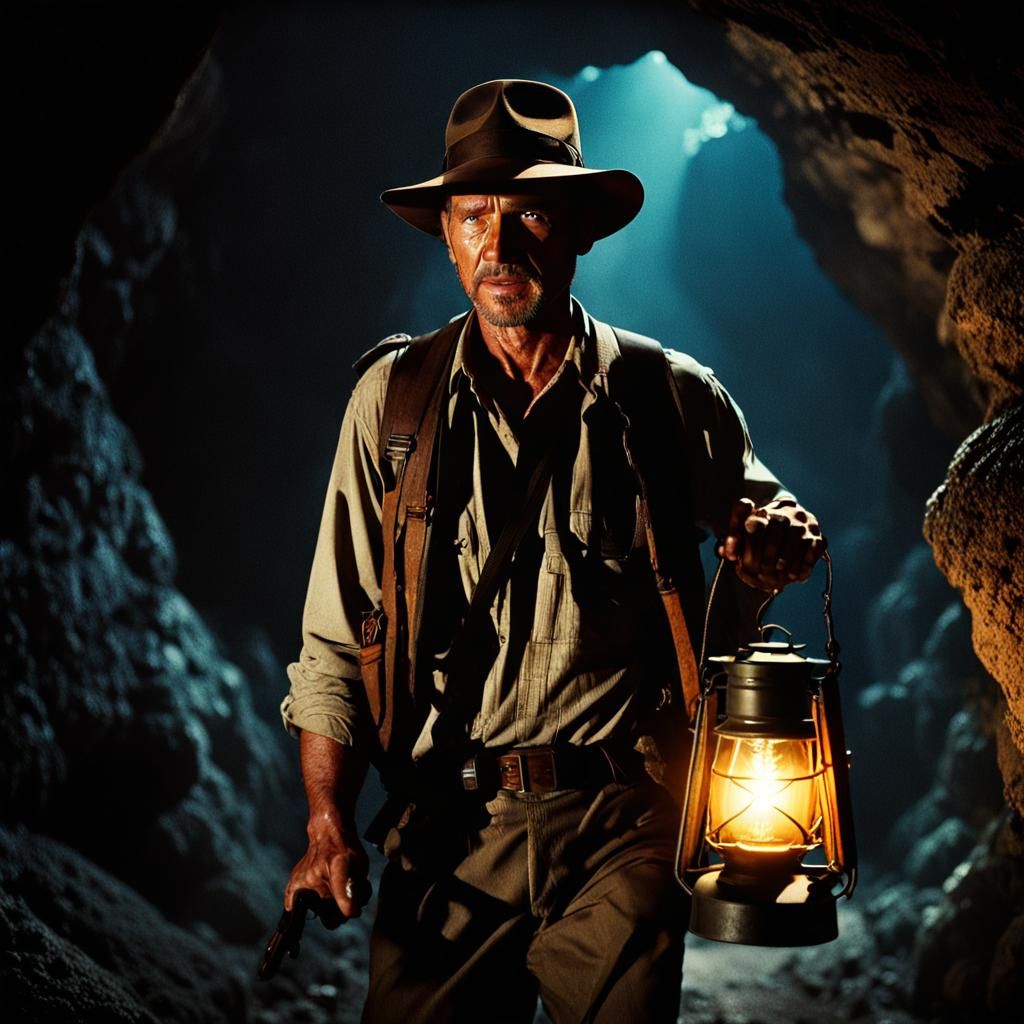 Indiana Jones in Dark Cave: Cinematic Film Still
