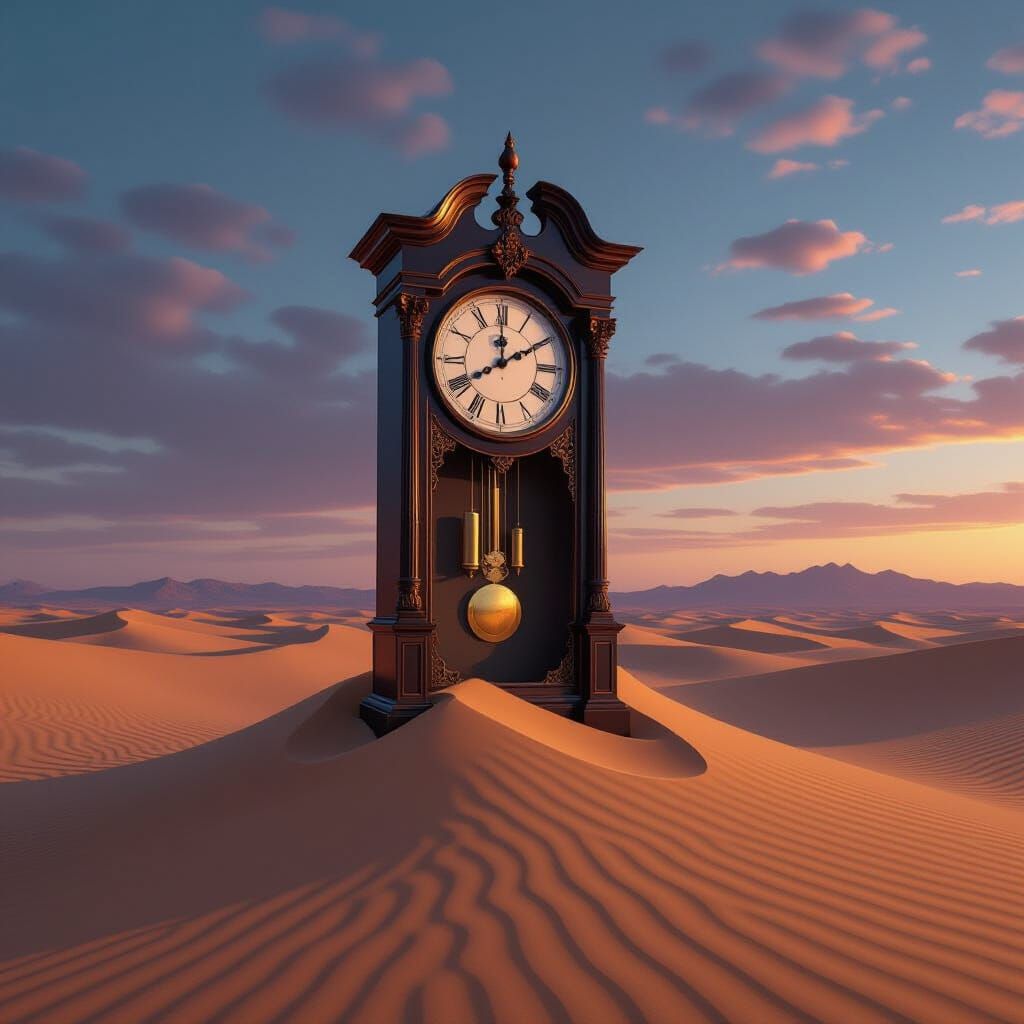 Surreal Desert Clock in Twilight Under Dramatic Lighting