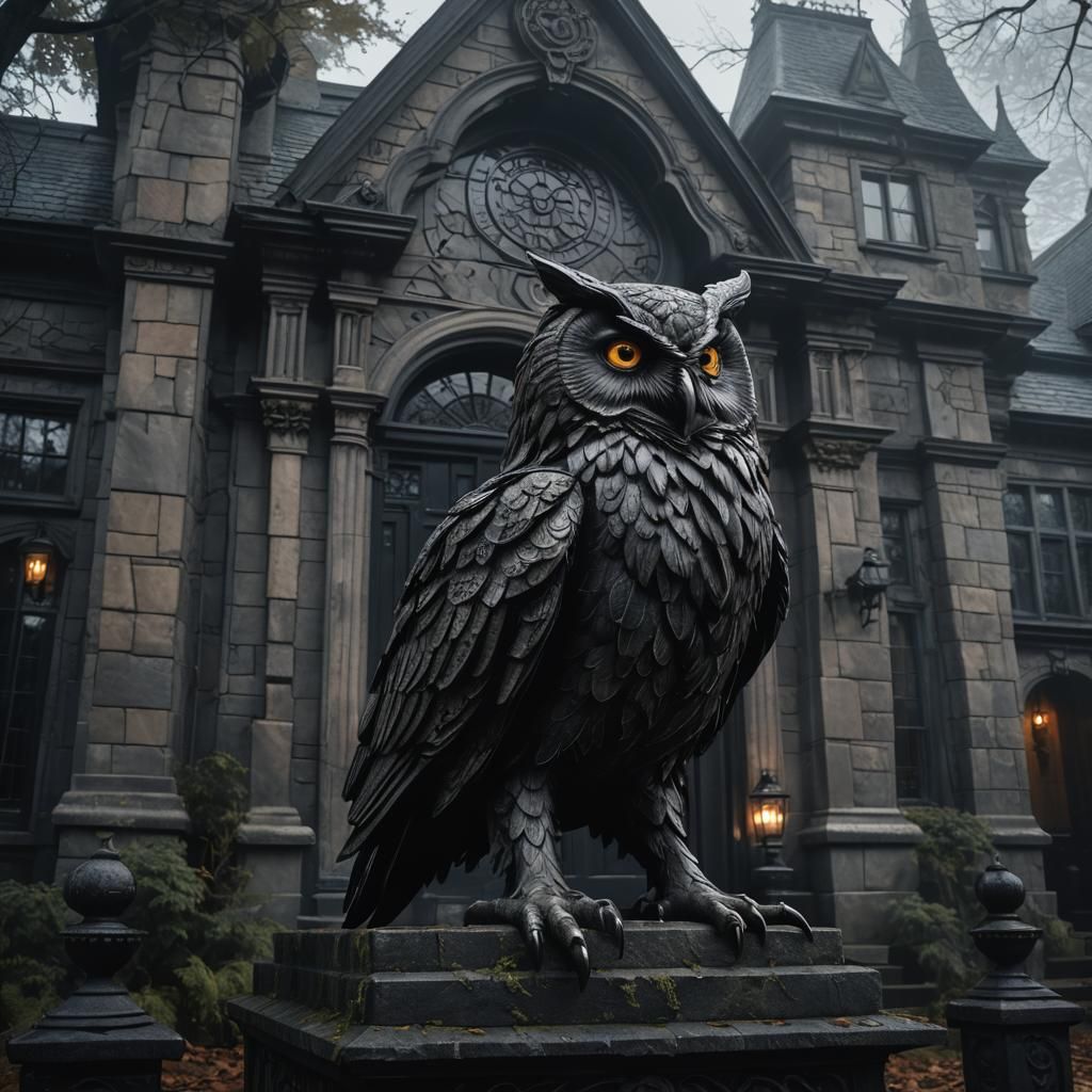 Owl Statue at Victorian Mansion in Dark Fantasy Art