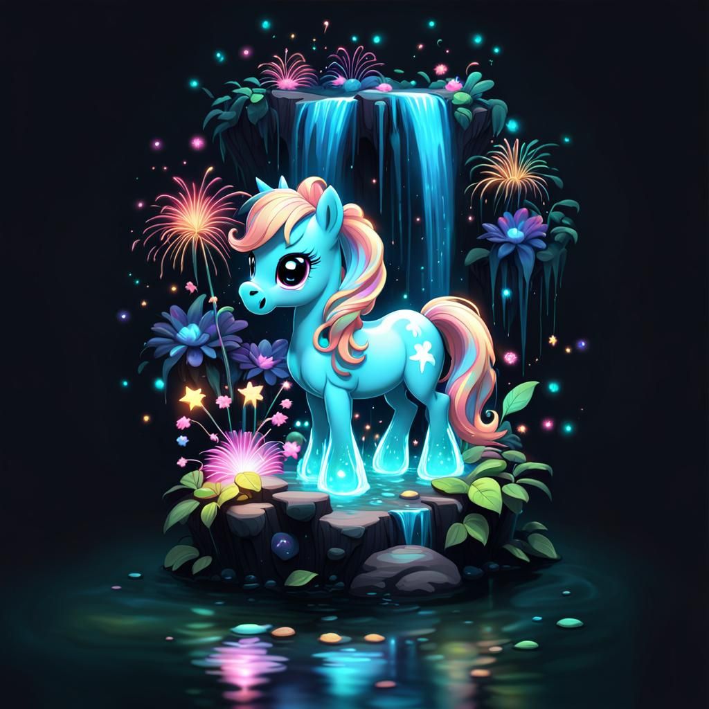 Bioluminescent Chibi Pony with Waterfall in Candy Art Style