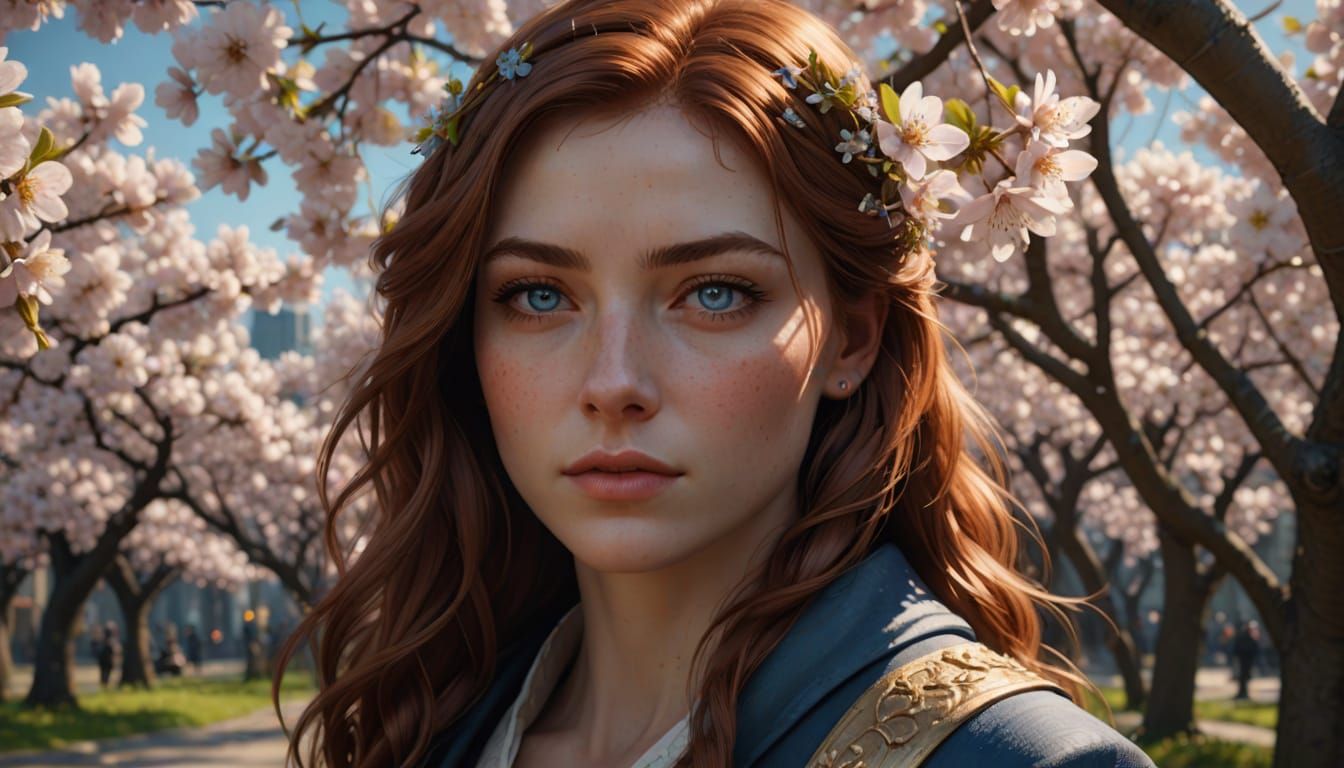 Auburn-Haired Woman with Cherry Blossoms in Oil Painting Sty...