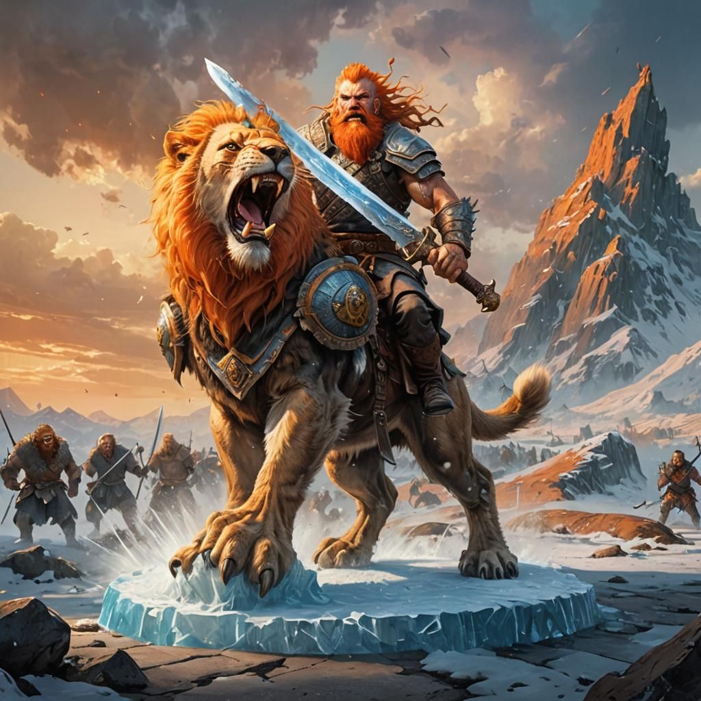 Dwarf Barbarian Rides Saber-Toothed Lion in Fantasy World