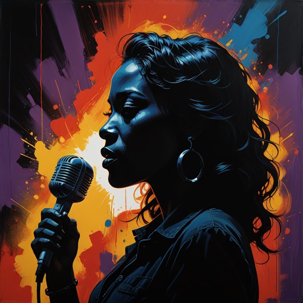 Monochromatic Silhouette Singer with Microphone in Conceptua...