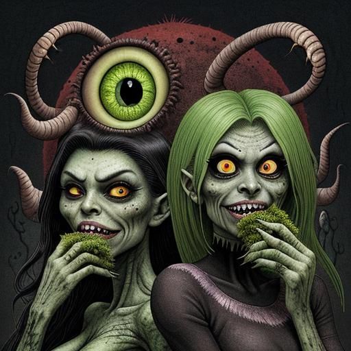 Grotesque Earthworm Ladies Gossip Over Eyeball
