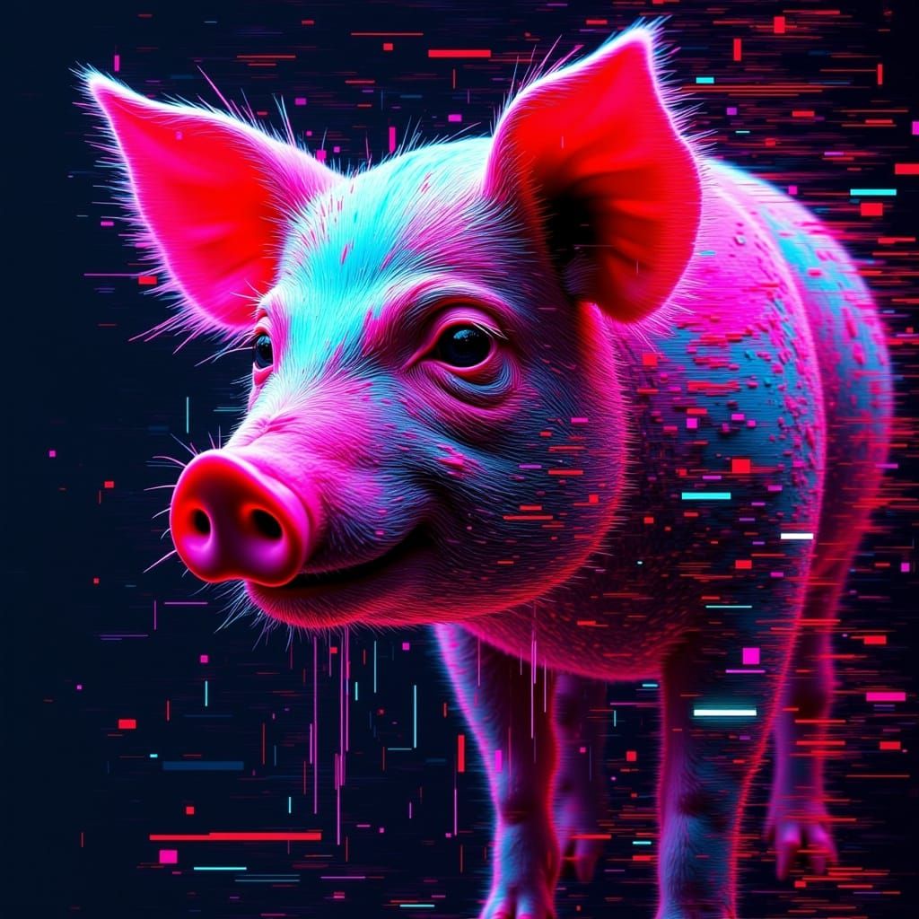 Glitch Art Pig in Cyberpunk Style