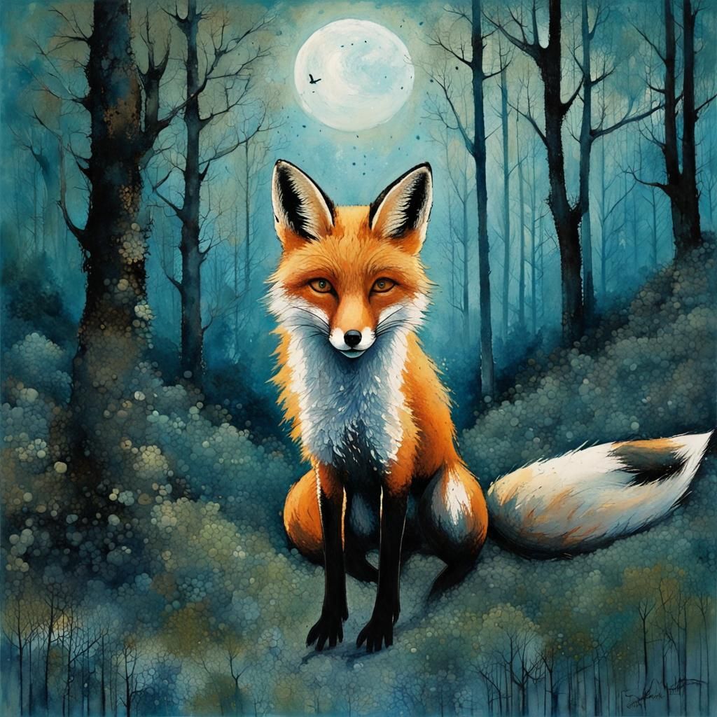 Fox in Blue Forest Moonscape as Art Brut