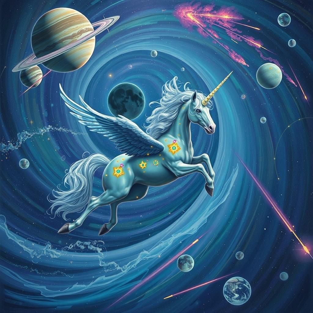 Iridescent Unicorn Flight Through Outer Space, Digital Art