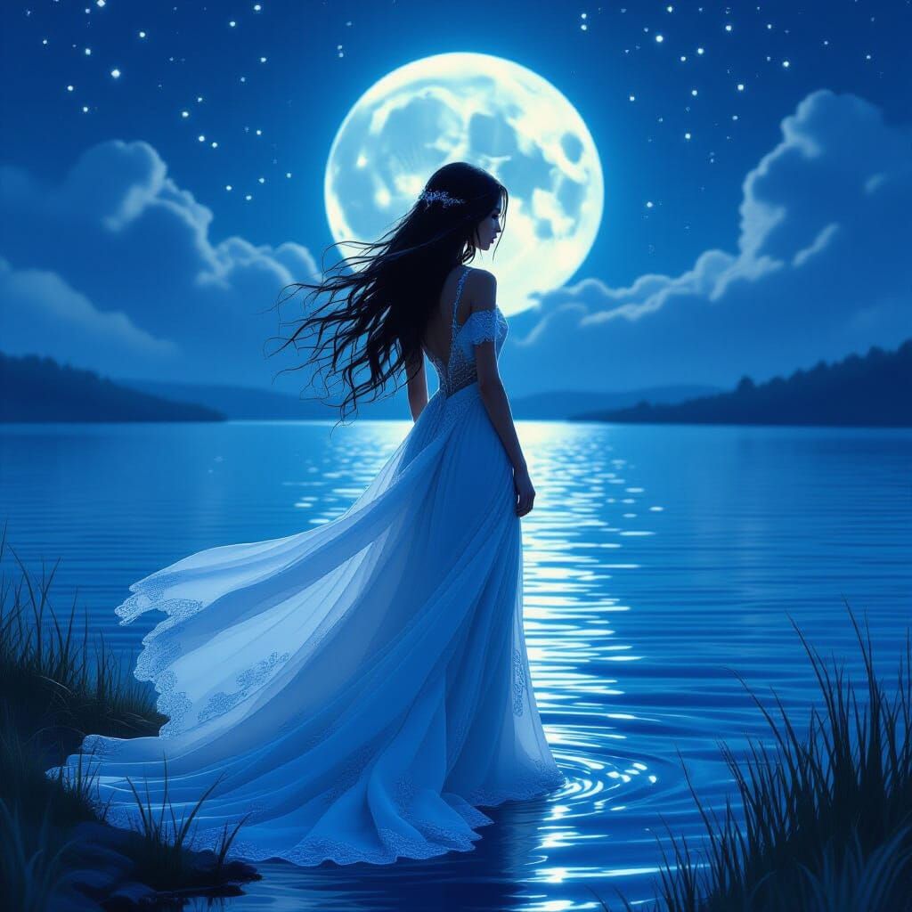 Woman in Moonlit Gown by Starlit Lake, Fantasy Concept Art