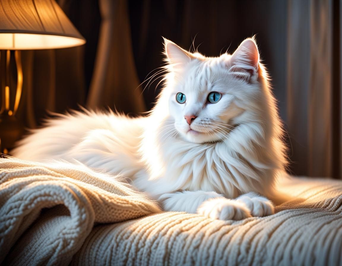 Cute White Cat Napping in Cozy Cottage