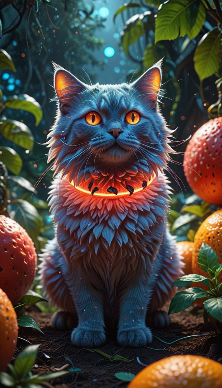 Surreal Citrus Cat Fuses Fruit in Retro-Futuristic Whimsy