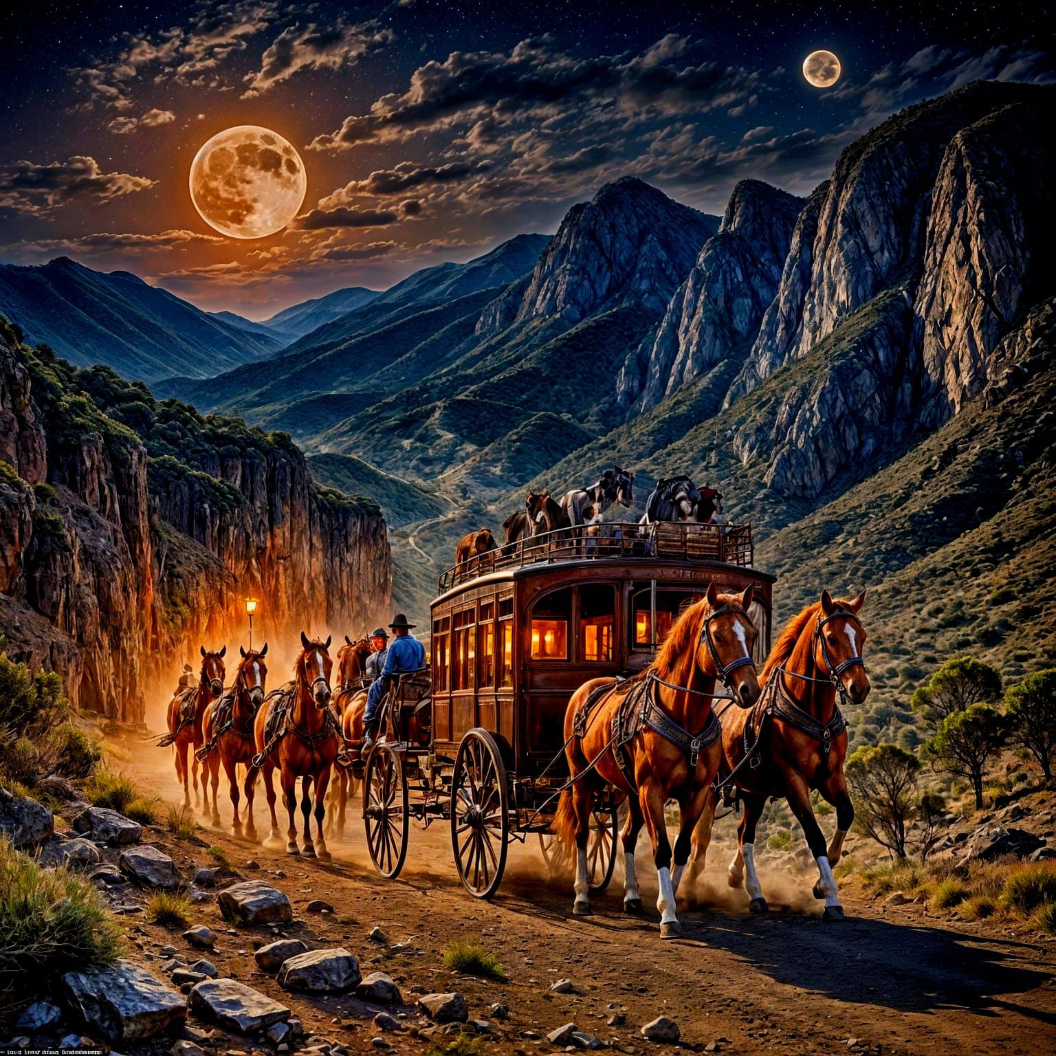 Stagecoach on Mountain Road at Night Under Moon