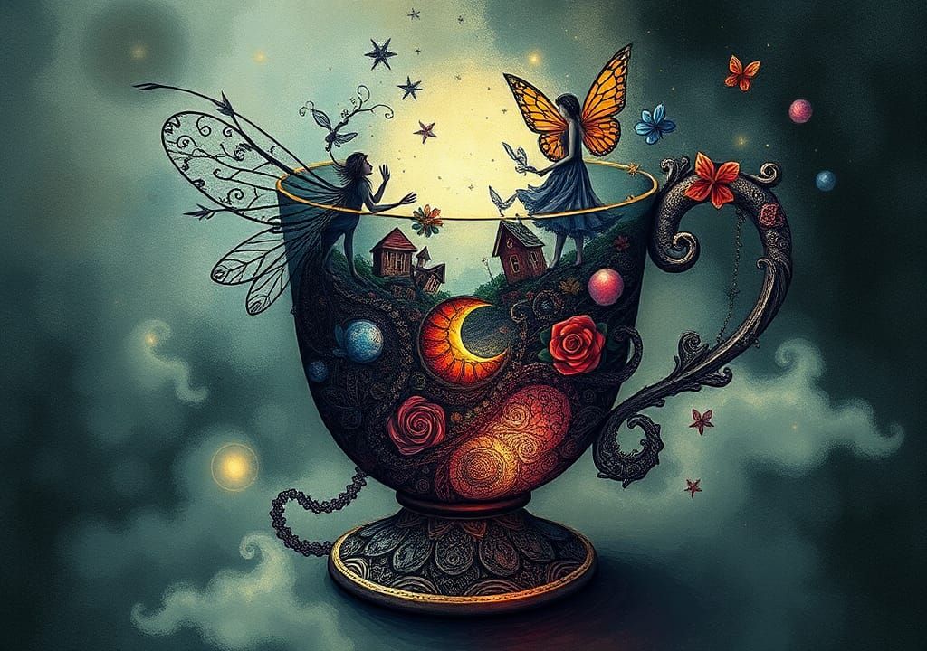 Surreal Fairy Cup Dreamscape in Alcohol Ink Style