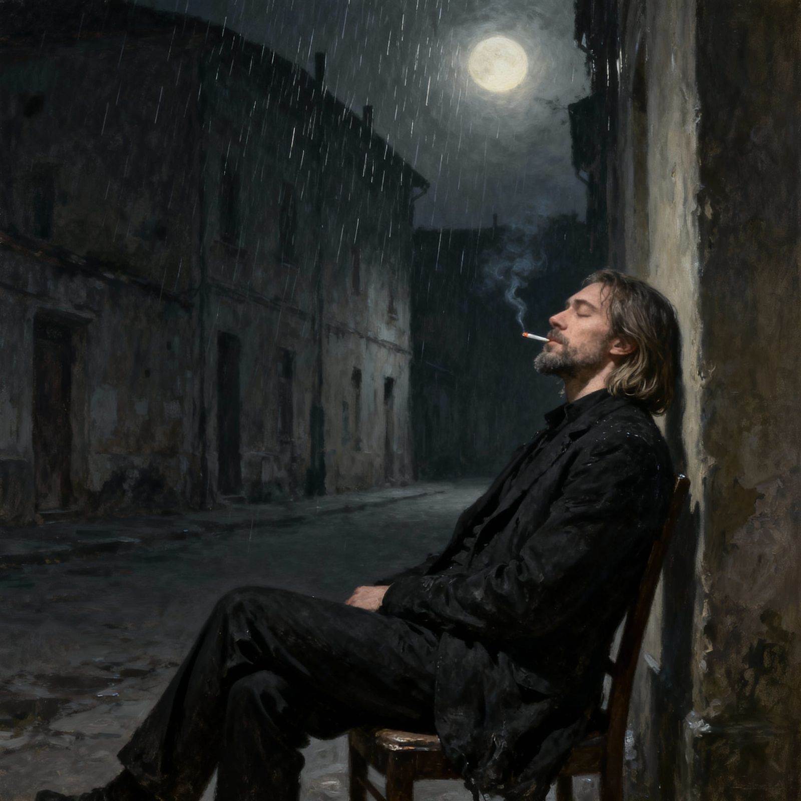 Melancholic Man Smoking in Moonlit Rainy Street