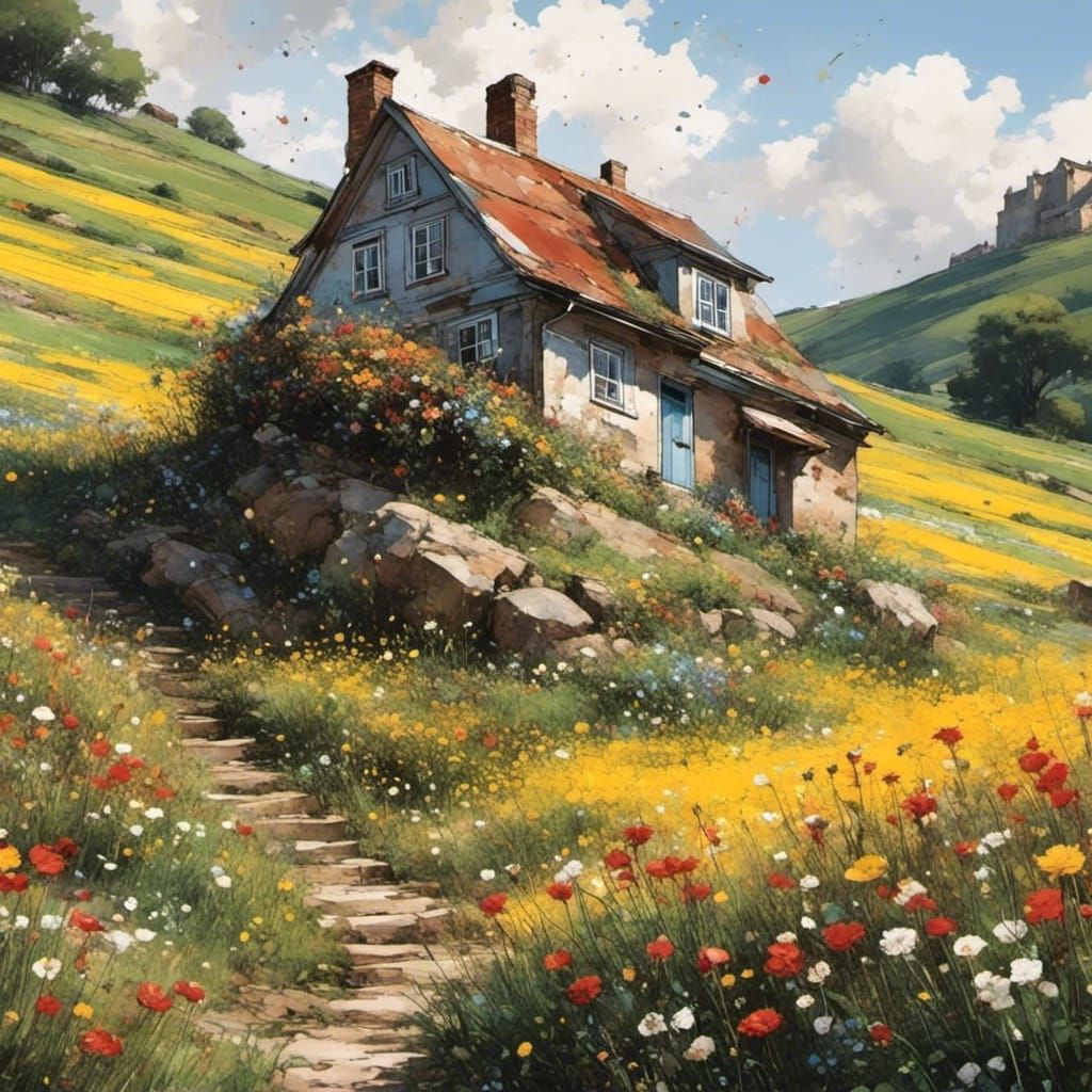 House on Hill in Splatter Graffiti Style