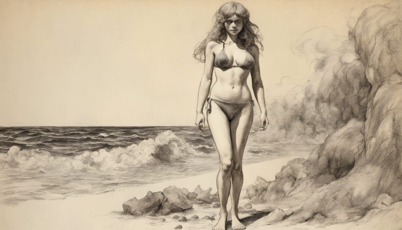 Vintage Comic Art: Female Model on Beach