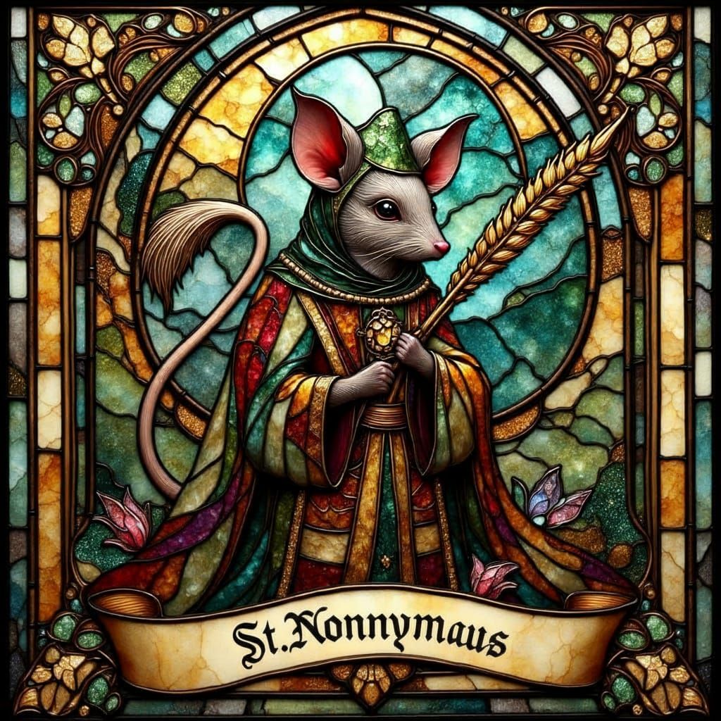 Medieval Stained Glass of Mouse Saint Holding Wheat