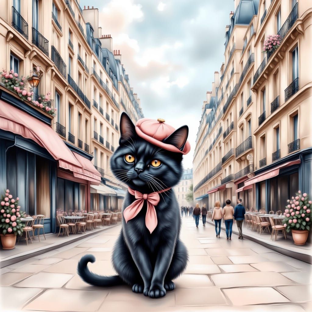 Black Cat Walking Champs-Élysées in Paris