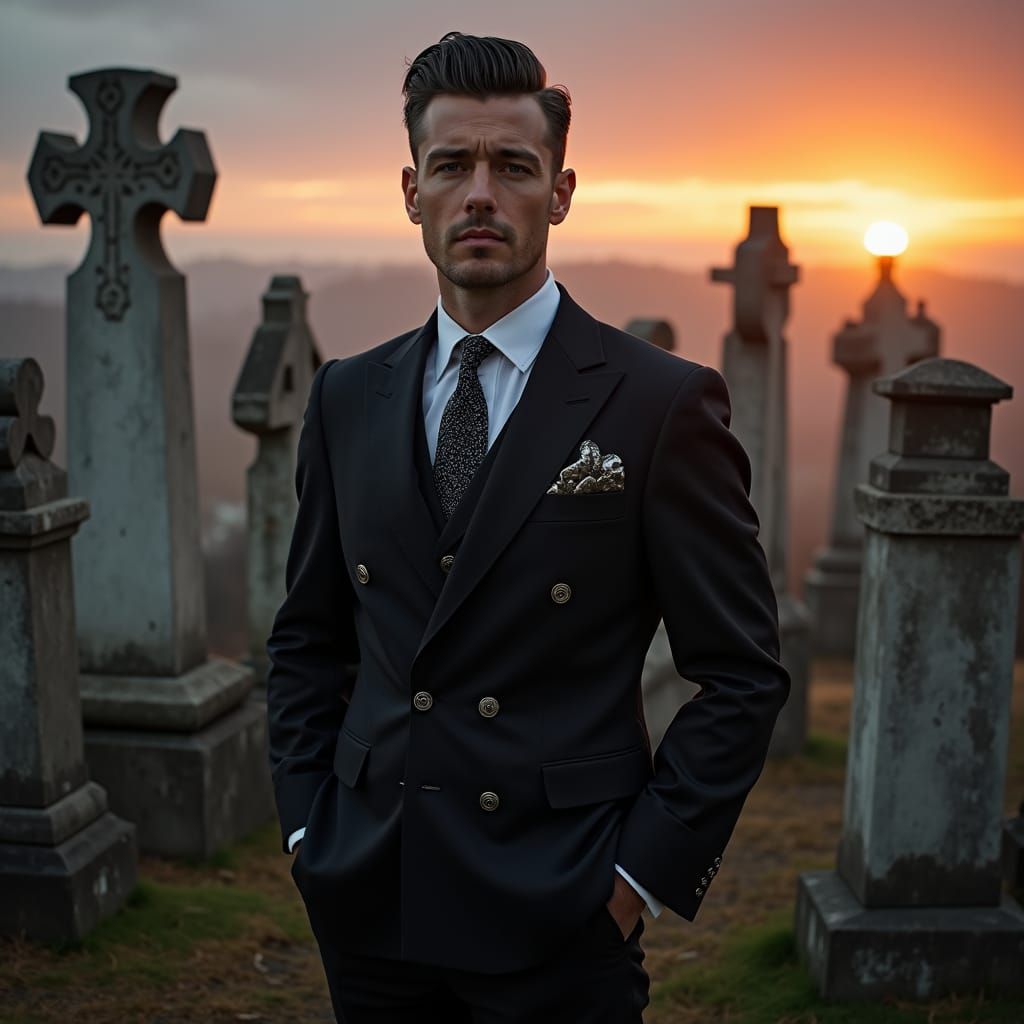 Rockabilly Man in Cemetery at Sunset